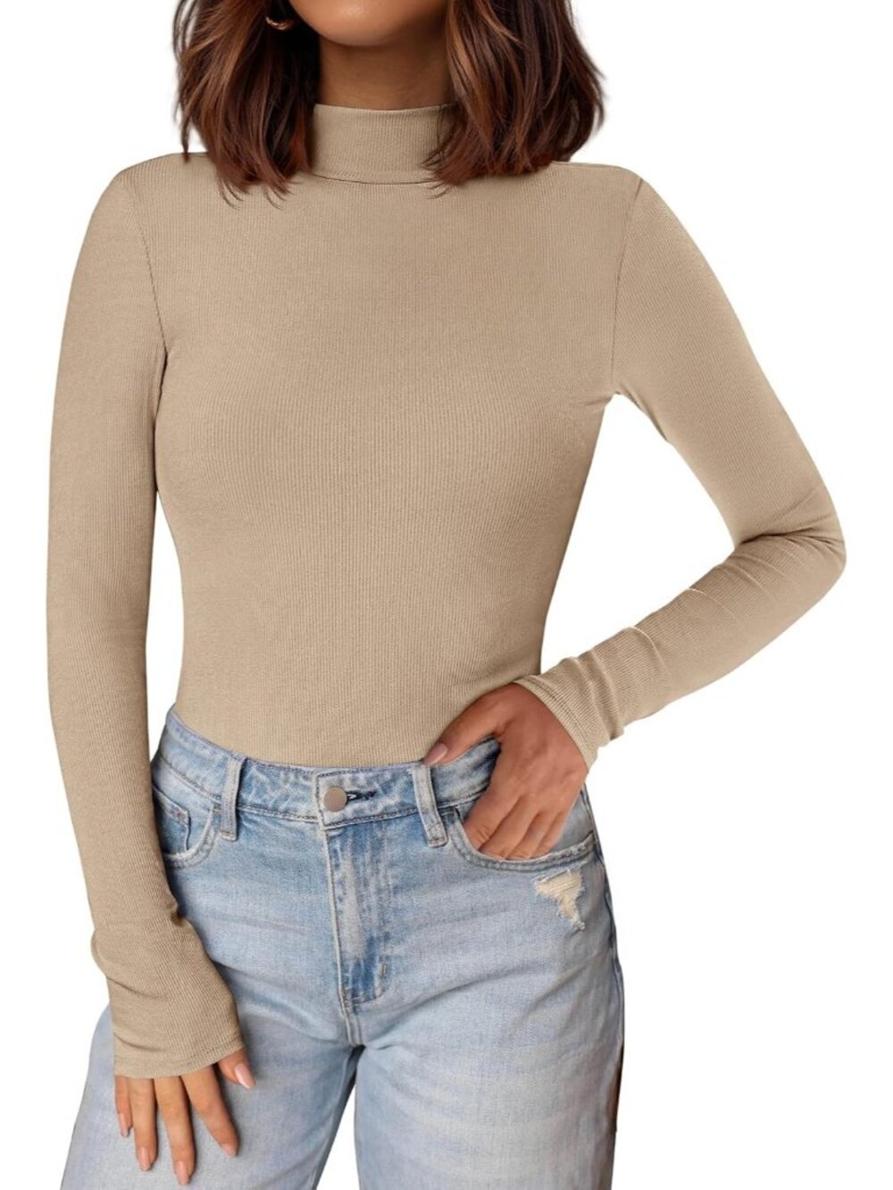 Women's Apricot Ribbed Knit Mock Turtleneck Long Sleeve Undershirts Slim Fit Top